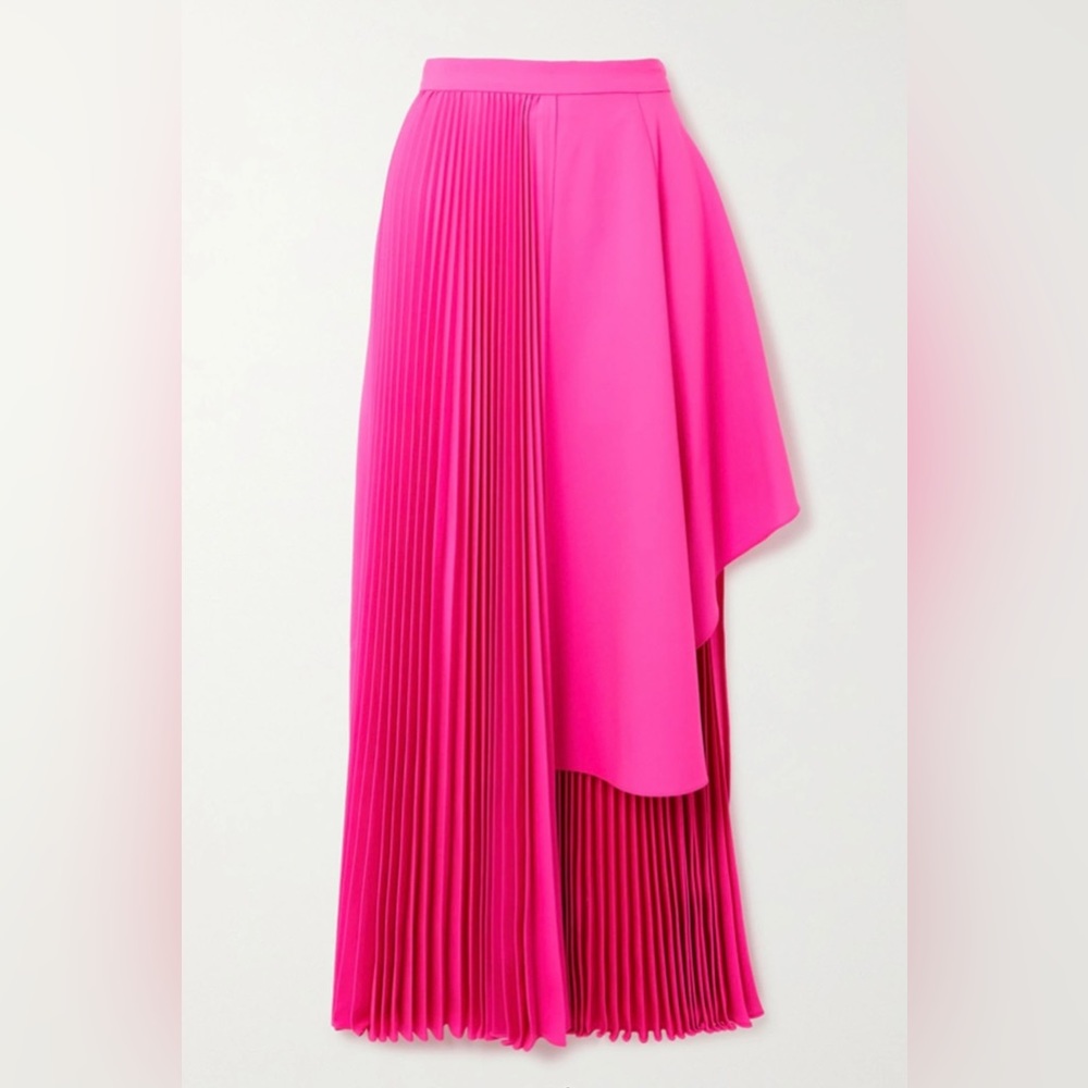 Christopher John Rogers Pleated Asymmetric Skirt Neon Pink Wool Blend